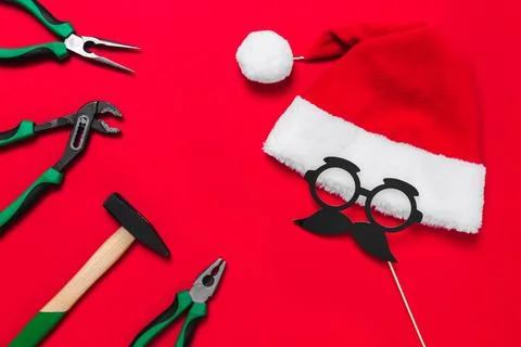 A set of quality green building tools to repair a car or house and santa claus Fotos de archivo