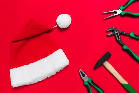 A set of quality green building tools to repair a car or house and santa claus Fotos de archivo