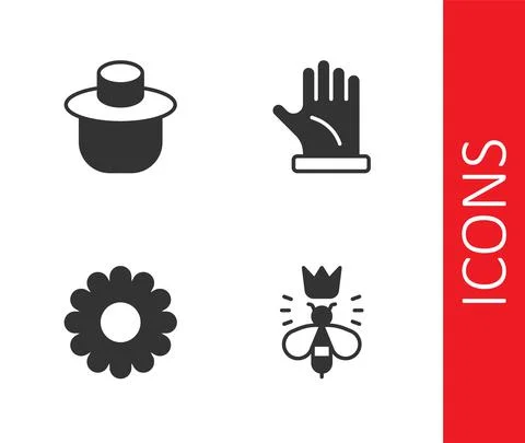 Set Queen bee, Beekeeper with protect hat, Flower and glove icon. Vector Stock Illustration