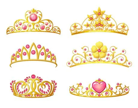 Set of queen golden crowns vector icons isolated on white background. Collection Stock Illustration