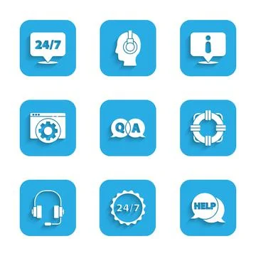 Set Question and Answer, Clock 24 hours, Speech bubble with text Help, Lifebuoy Stock Illustration