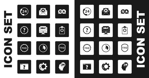 Set Question and Answer, Computer monitor help, mark, Telephone 24 hours support Stock Illustration