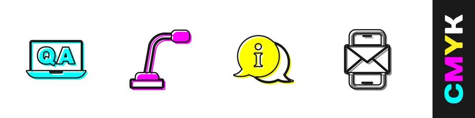 Set Question and Answer, Microphone, Information and Mobile envelope icon. .. Stock Illustration
