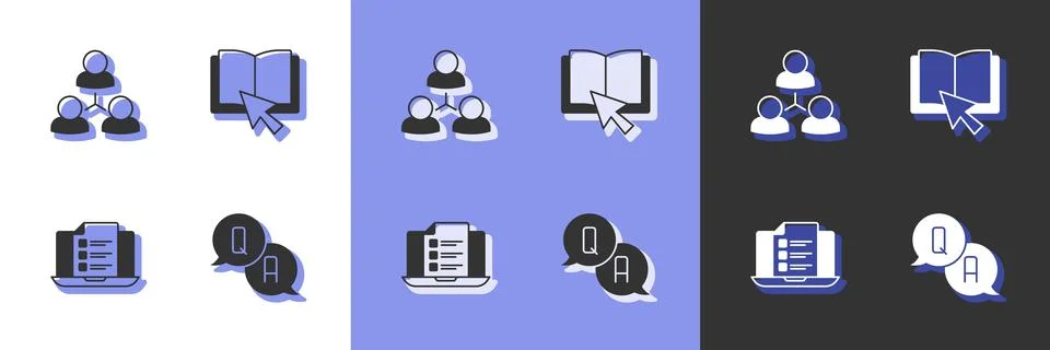 Set Question and Answer, Online class, quiz, test, survey and book icon. Vector Stock Illustration