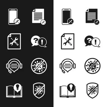 Set Question and Exclamation, File document service, Mobile, Headphones wit.. Stock Illustration