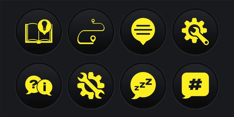 Set Question and Exclamation, Wrench gear, Speech bubble with snoring, chat Stock Illustration
