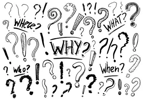 Set of question mark. Doodle style. Collection of icons and signs Why. Engraved Stock Illustration