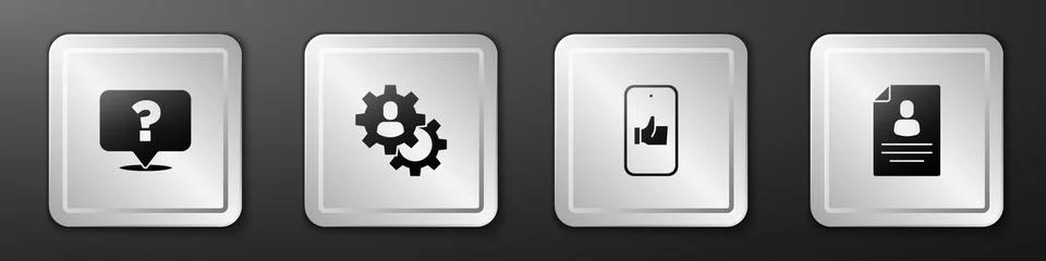 Set Question mark, Head hunting, Hand like and Resume icon. Silver square button Stock Illustration