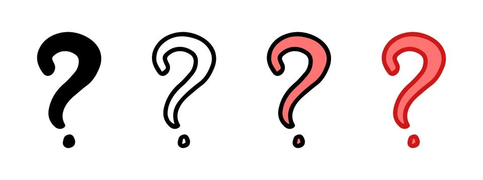 Set of question marks featuring colored illustrations, black silhouette, blac Stock Illustration