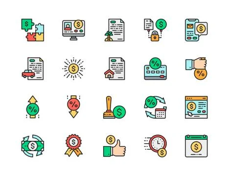 Set of Quick Loan Flat Color Line Icons. Investment, Credit Approved and more. Stock Illustration