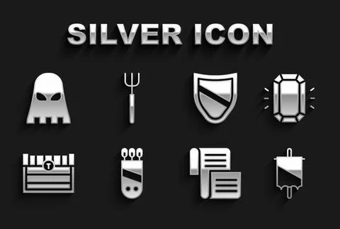 Set Quiver with arrows, Diamond, Medieval flag, Decree, parchment, scroll, .. Stock Illustration