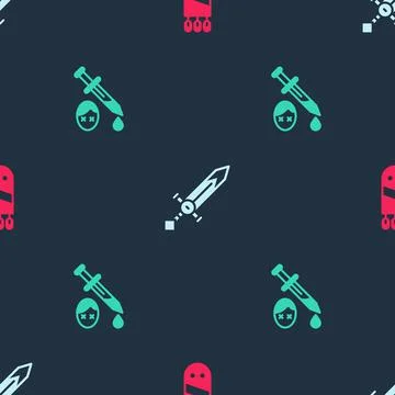 Set Quiver with arrows, Medieval sword and Sword blood on seamless pattern Stock Illustration