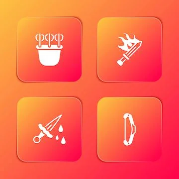 Set Quiver with arrows, Sword for game, blood and Medieval bow icon. Vector Stock Illustration