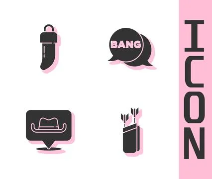 Set Quiver with arrows, Tooth, Location cowboy and Bang boom, gun Comic icon. Illustrazione stock