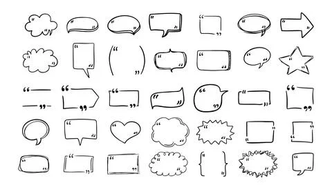 Set quote hand drawn speech bubble with quotation marks. Doodle sketch frames Stock Illustration