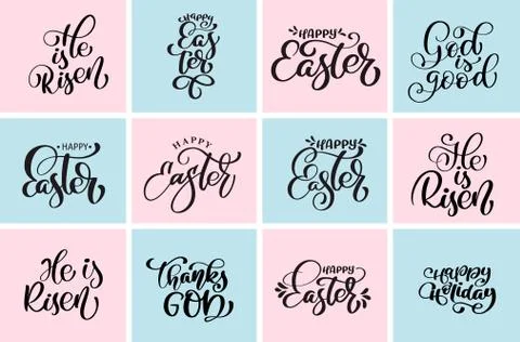 Set quote happy Easter, He is Risen typographic designs vector phrase. Hand 스톡 일러스트