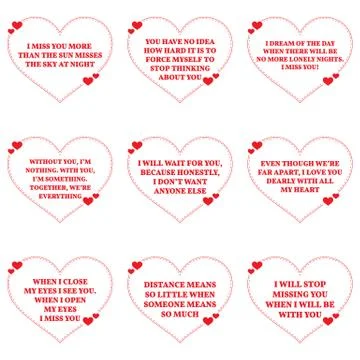 Set of quotes about missing love over white background. Simple heart shape de Stock Illustration