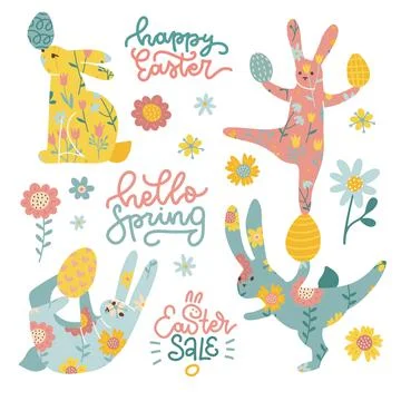 Set of rabbir patterned silhouettes, Easter egg, flowers and lettering quotes in Stock Illustration