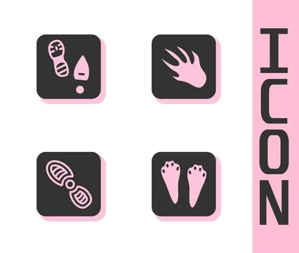 Set Rabbit and hare paw footprint, Human footprints shoes, and Alligator Stock Illustration