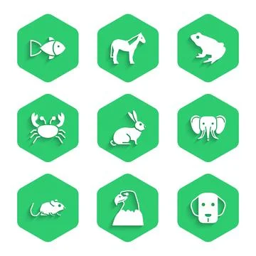 Set Rabbit, Eagle head, Dog, Elephant, Rat, Crab, Frog and Fish icon. Vector Illustrazione stock
