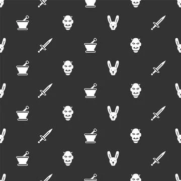 Set Rabbit with ears, Dagger, Mortar and pestle and Mask of the devil horns o 스톡 일러스트