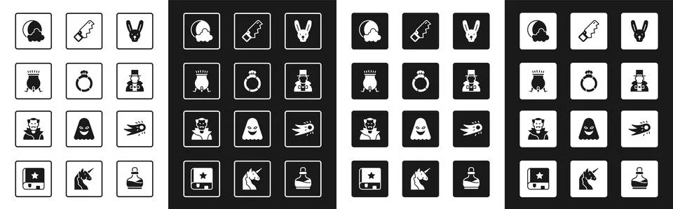 Set Rabbit with ears, Magic stone ring gem, Witch cauldron, Moon and stars Stock Illustration