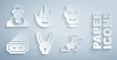 Set Rabbit with ears, Mask of the devil horns, Ticket, Hermes sandal, Fire fl Stock Illustration