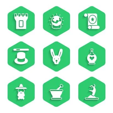 Set Rabbit with ears, Mortar and pestle, Zombie hand, Bottle love potion, Wizard Stock Illustration