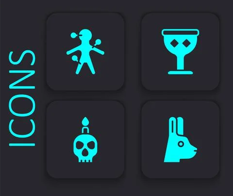Set Rabbit with ears, Voodoo doll, Medieval goblet and Burning candle on skull Illustration
