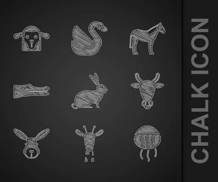 Set Rabbit Giraffe head Jellyfish Cow Crocodile Horse and Sheep icon. Vector. Stock Illustration
