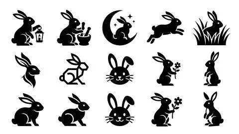 Set of rabbit icons with moon, lantern, mortar and pestle, flowers, and grass Stock Illustration