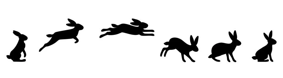 A set of rabbit jump phases. The hare sits, prepares to jump, jumps, lands Stock Illustration