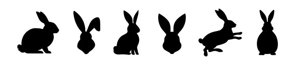 Set of Rabbit silhouettes. Easter bunnies. Isolated on white background. A Stock Illustration