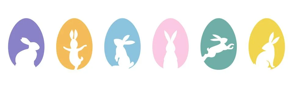 Set of rabbit silhouettes inside pastel egg shapes arranged in row Stock Illustration