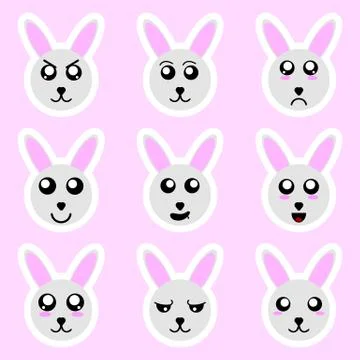 Set of rabbit stickers. Different emotions, expressions. Vector illustration. Stock Illustration