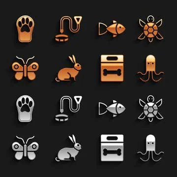 Set Rabbit, Turtle, Octopus, Dog bone, Butterfly, Fish, Paw print and Collar Stock Illustration