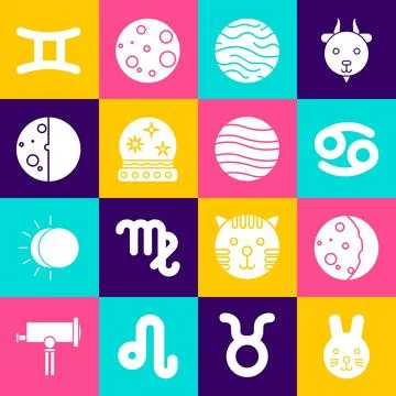 Set Rabbit zodiac, Eclipse of the sun, Cancer, Planet Venus, Magic ball, Gemini Illustrazione stock