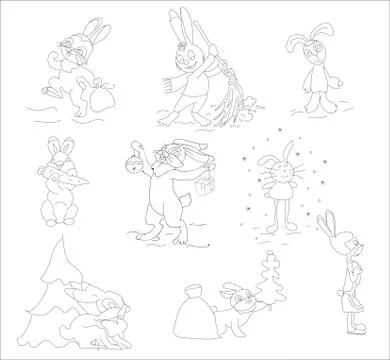 Set of rabbits isolated on white vector Stock Illustration
