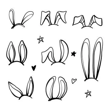 Set of rabbits s ears for decorating. Hand drawn linear isolates elements. Illustrazione stock