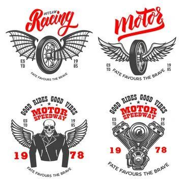 Set of the racer emblems. Winged motorcycle wheel, engine, biker skeleton. De Illustrazione stock