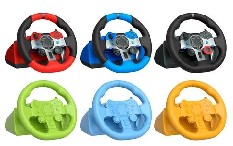 Set of racing game steering wheels isolated on white background with clipping Stock Illustration