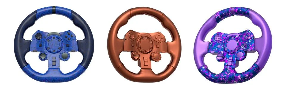 Set of racing game steering wheels isolated on white background with clipping Stock Illustration