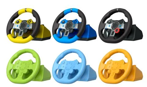 Set of racing game steering wheels isolated on white background with clipping Stock Illustration