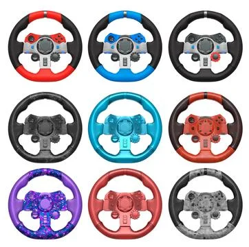 Set of racing game steering wheels isolated on white background with clipping Stock Illustration
