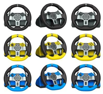 Set of racing game steering wheels isolated on white background with clipping Stock Illustration