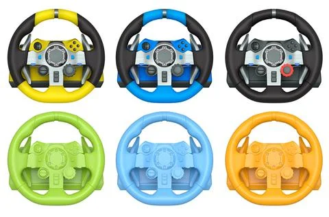 Set of racing game steering wheels isolated on white background with clipping Stock Illustration