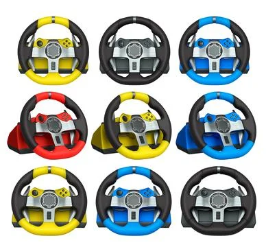 Set of racing game steering wheels isolated on white background with clipping Stock Illustration