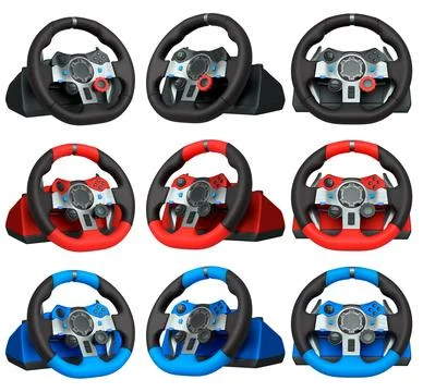 Set of racing game steering wheels isolated on white background with clipping Stock Illustration