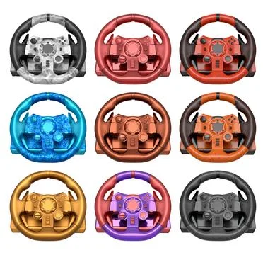 Set of racing game steering wheels isolated on white background with clipping Stock Illustration