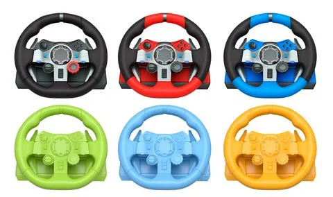 Set of racing game steering wheels isolated on white background with clipping Stock Illustration